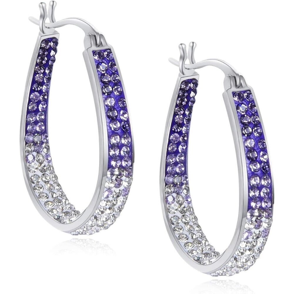 🆕 Women Purple Crystal Hoop Earrings Plated Inside Out Oval Shape Jewelry Gifts